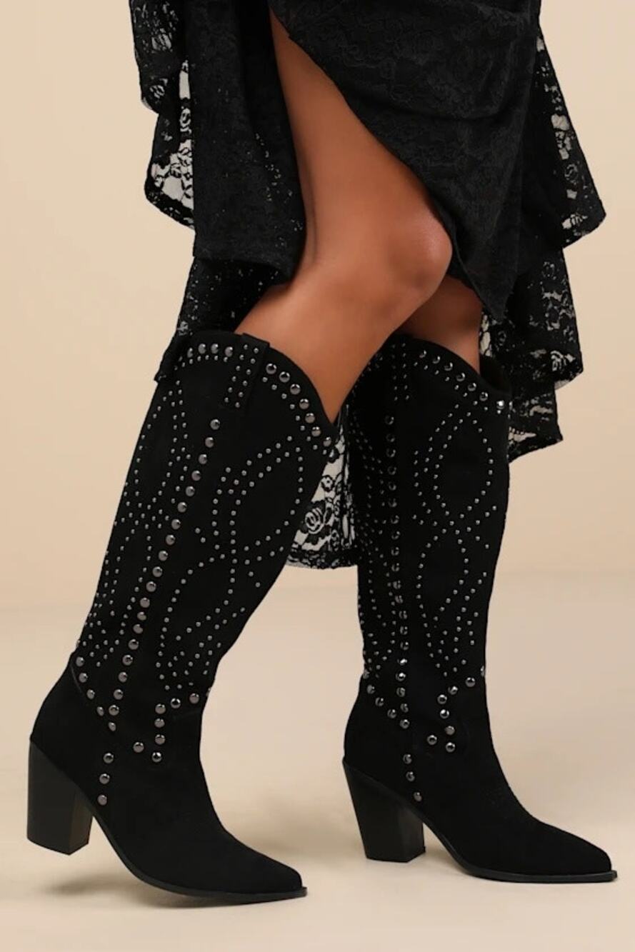 NWOT Mallerie Black Suede Studded Knee-High Western Boots 5.5